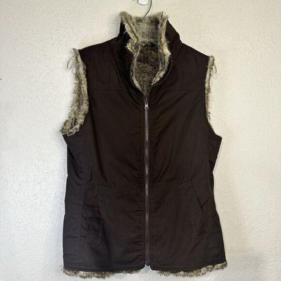 Gap Faux Fur Vest Women's Medium Brown Reversible Zip Up Canvas High Neck - Picture 10 of 10